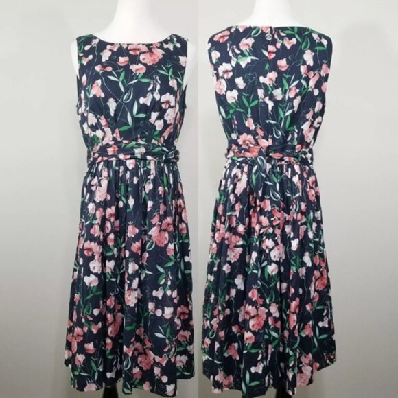 Tommy Hilfiger 50s Retro Style Boat Neck Floral Cotton Dress Belted Size 8 - Picture 1 of 10